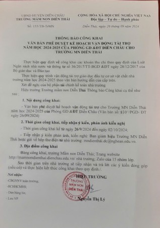 THÔNG BÁO CÔNG KHAI VĂN BẢN PHÊ DUYỆT KẾ HOẠCH VĐTT NĂM HỌC 2024-2025