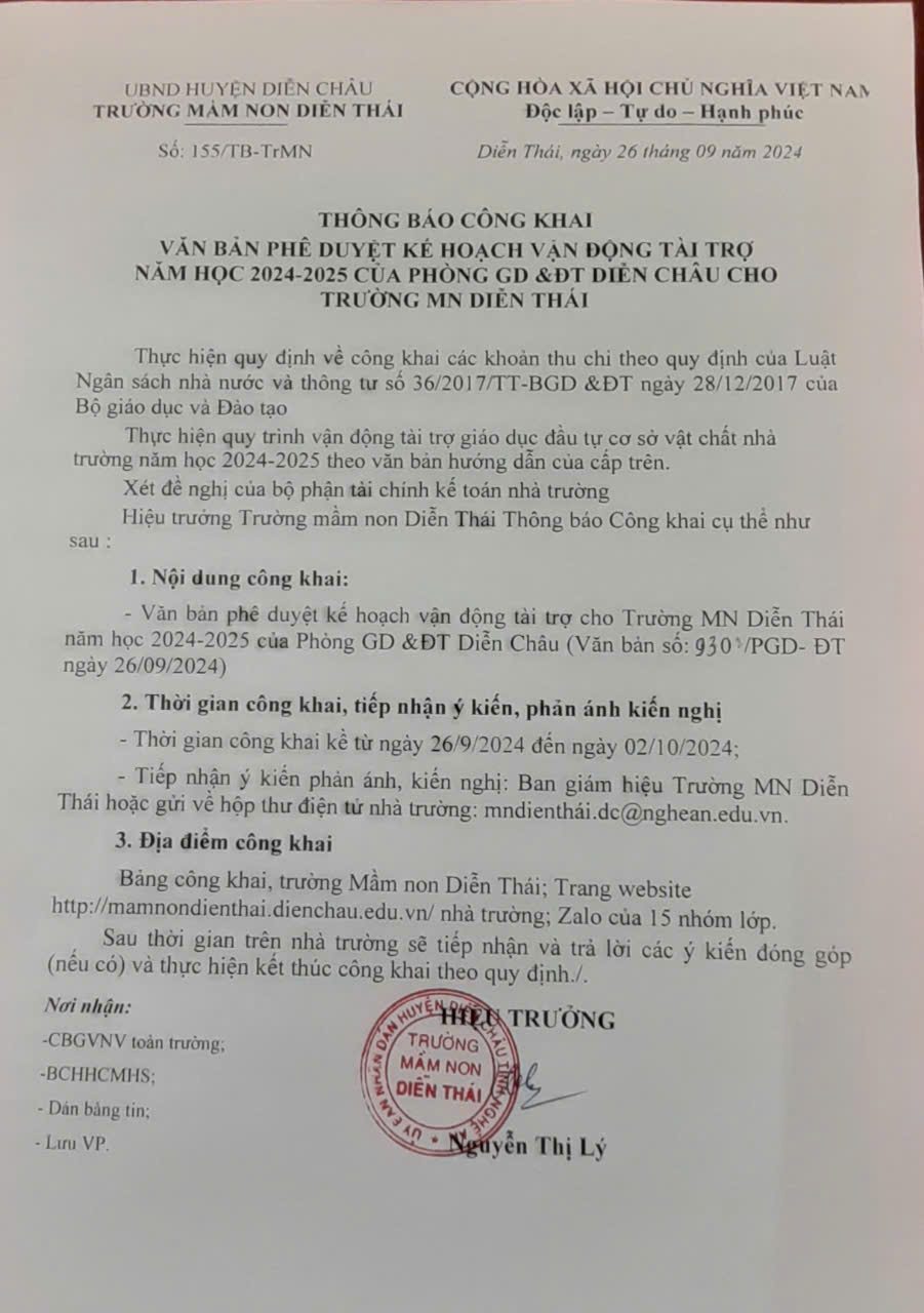 THÔNG BÁO CÔNG KHAI VĂN BẢN PHÊ DUYỆT KẾ HOẠCH VĐTT NĂM HỌC 2024-2025