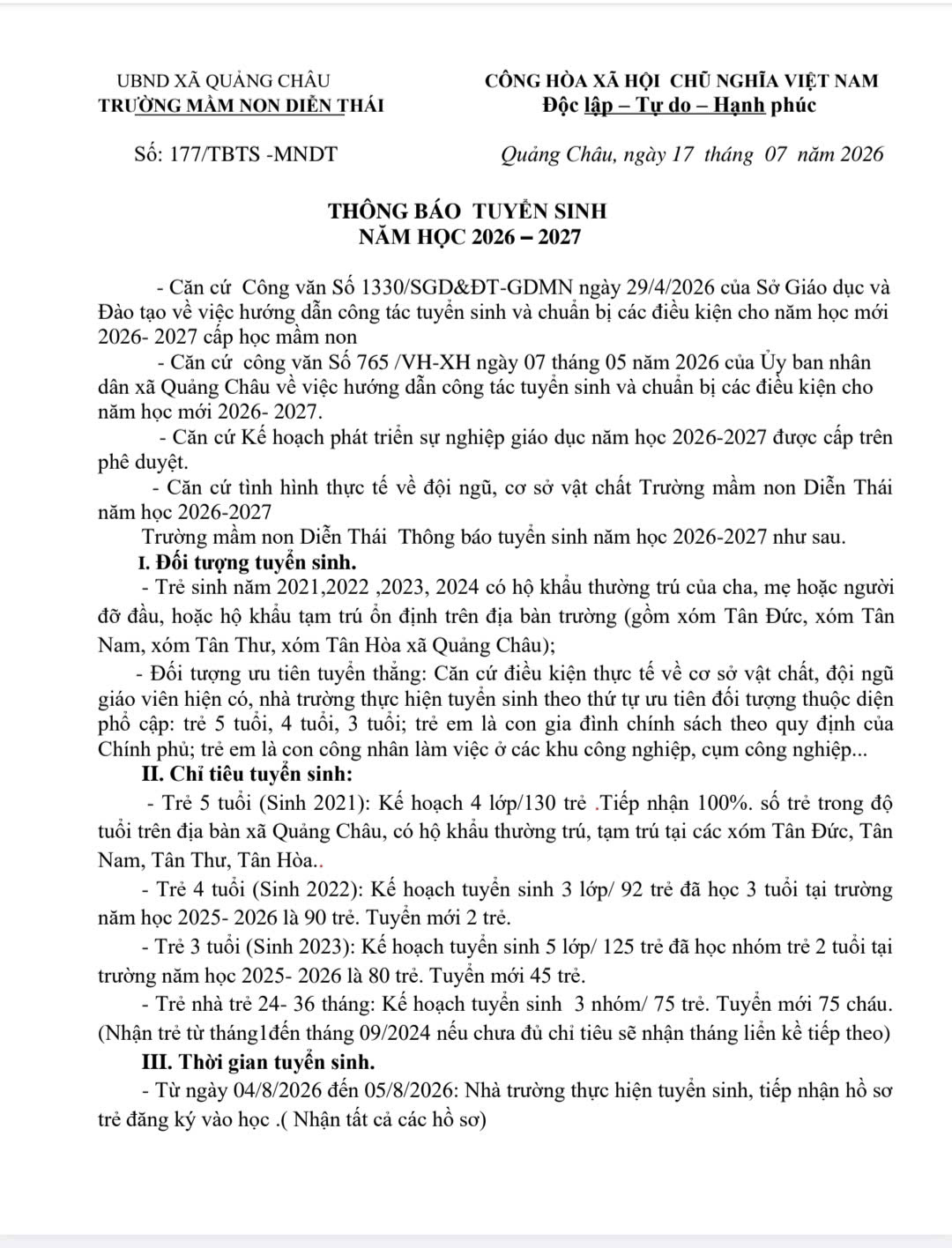 THÔNG BÁO TUYỂN SINH 2026 2027